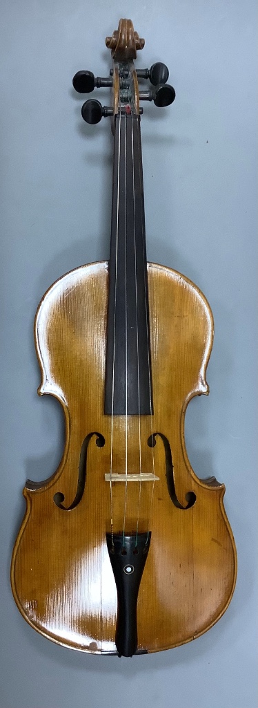 An early 20th century violin, unlabelled case, with bow, length 60cm